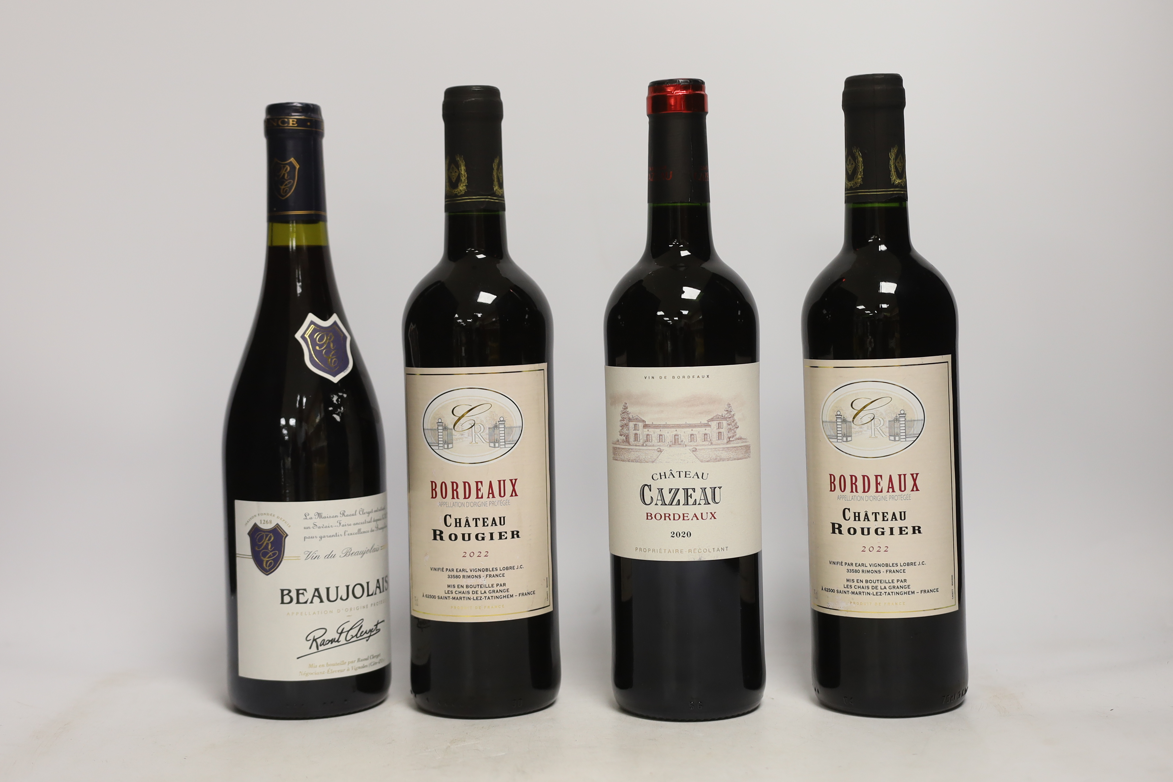 Eight bottles of wine including - three bottles of Moncade Bordeaux, two bottles of Chateau Rougier Bordeaux 2022, a bottle of Chateau Cazeau Bordeaux 2020, a bottle of Chateau Les Viviers Bordeaux Superieur and a bottle